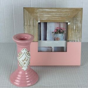 Shabby Chic Brand-Pink Decor set-Picture Frame & Candle Holder